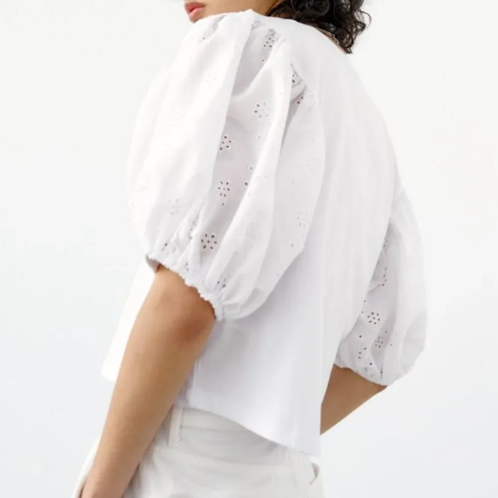 ZARA White Cotton Eyelet Puff Sleeve Contrast Boho Blouse